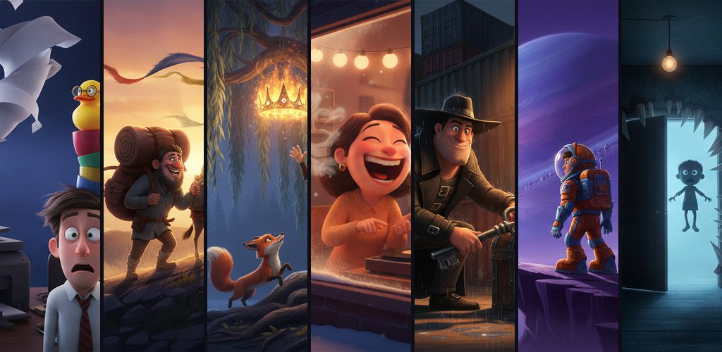 Characters from Jurnaly stories: an office worker, a hiker, a fox beneath a burning crown, a woman laughing, a detective, an astronaut and a figure in a doorway.